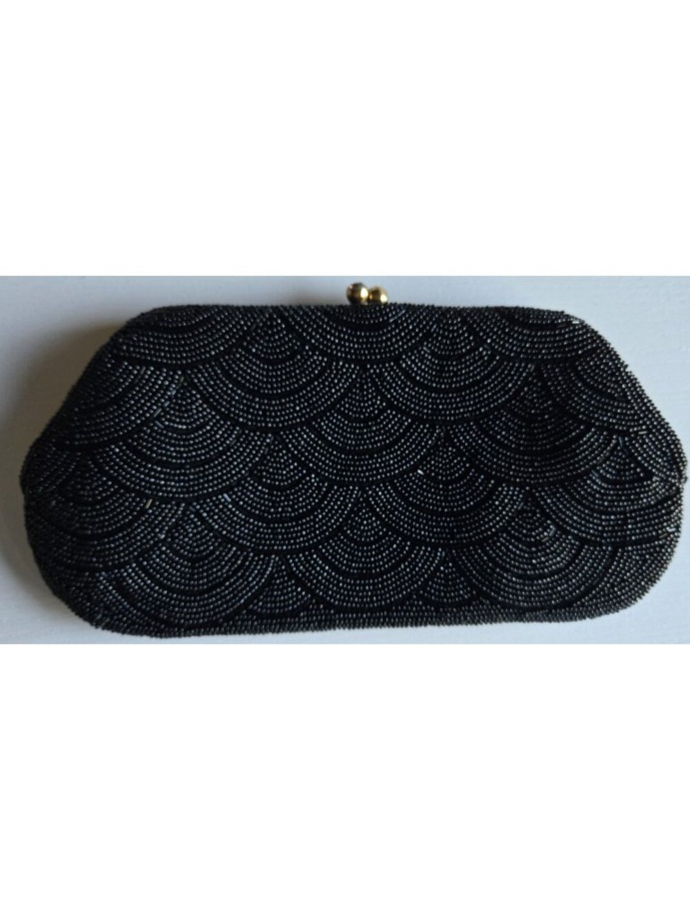 Sharonee Black Beaded ~ 9 inch Clutch Purse with Rhinestone Kiss Clasp - Picture 2 of 6